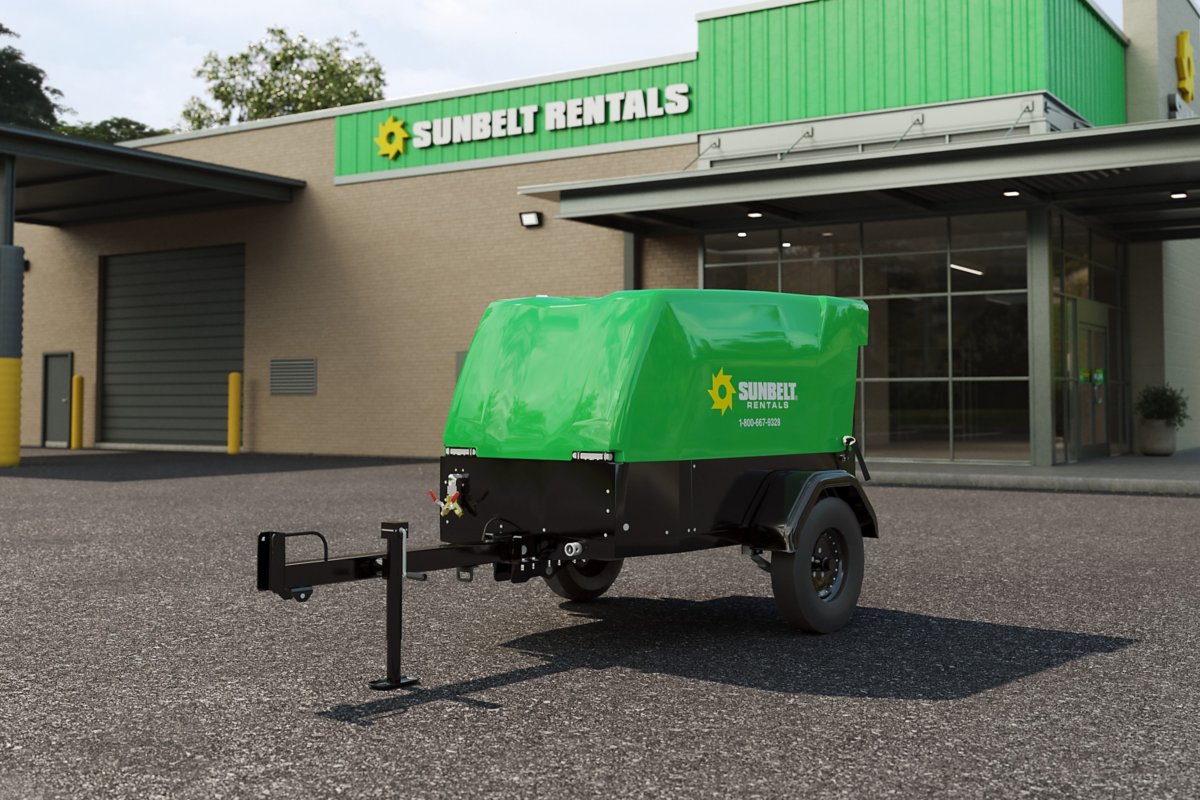 Sunbelt Rentals diesel air compressor parked in a parking lot