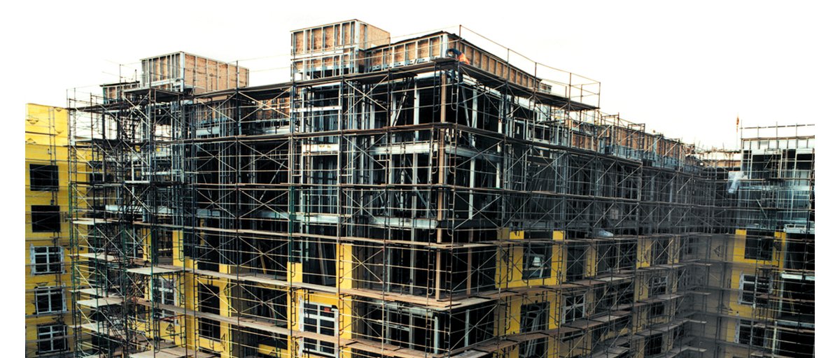 Suspended scaffolding on a building.