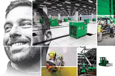 A photo collage of a smiling man in black and white and color photos of Sunbelt Rentals generators in a data center, construction workers using Sunbelt Rentals equipment on work sites, and a green bulldozer.