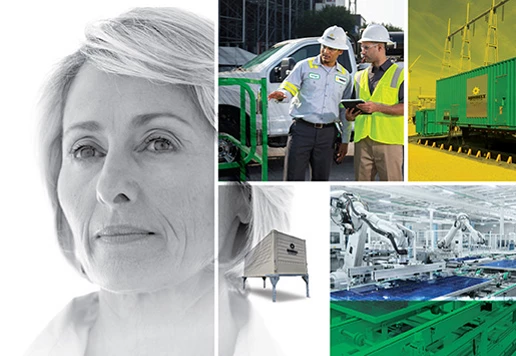 A photo collage: main image of a female industrial facility business leader, followed by several smaller images representing work and equipment needed at an industrial facility. Two male coworkers conversing wearing hardhats and PPE at an industrial jobsite, Sunbelt Rentals generator and portable cooling tower, and an image of two robotic arms working in an assembly line at a manufacturing facility.