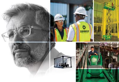 A photo collage showing a black and white photo of a man with graying hair wearing glasses and color photos of two people wearing safety helmets and vests talking, a person high up on a scissor lift cleaning a window, a person driving a Sunbelt Rentals floor cleaner in a warehouse and a portable air conditioner.
