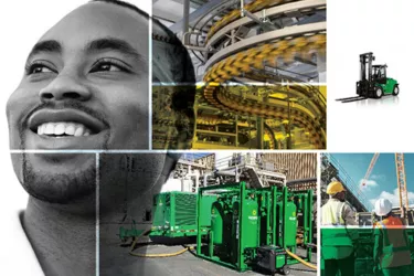 A collage of photos shows an African American man smiling next to photos of a manufacturing line, a forklift and generators from Sunbelt Rentals and construction workers looking at a construction crane.