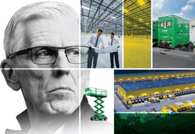 A photo collage that includes a black and white photo of a serious-looking man wearing glasses and color photos of two people reviewing printed plans inside a warehouse, a Sunbelt Rentals generator, a green scissor lift and a bird’s-eye view of a warehouse.