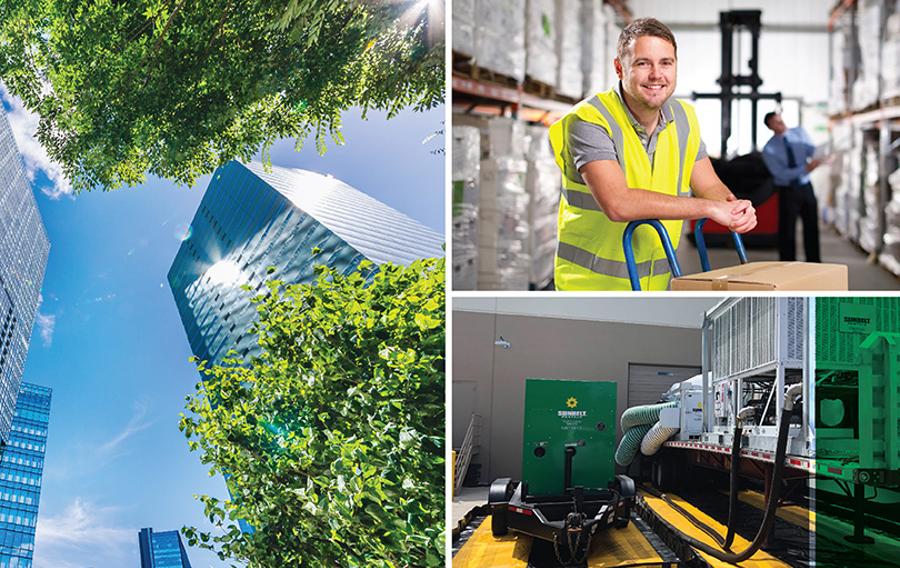 A collage of skyscrapers, a man in a fluorescent vest in a warehouse facility, and a Sunbelt Rentals energy storage system.