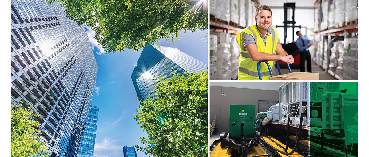 A collage of skyscrapers, a man in a fluorescent vest in a warehouse facility, and a Sunbelt Rentals energy storage system. 