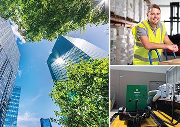 A collage of skyscrapers, a man in a fluorescent vest in a warehouse facility, and a Sunbelt Rentals energy storage system.