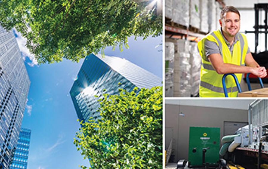 A collage of skyscrapers, a man in a fluorescent vest in a warehouse facility, and a Sunbelt Rentals energy storage system.