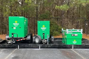 Portable generators painted green, from Sunbelt Rentals.
