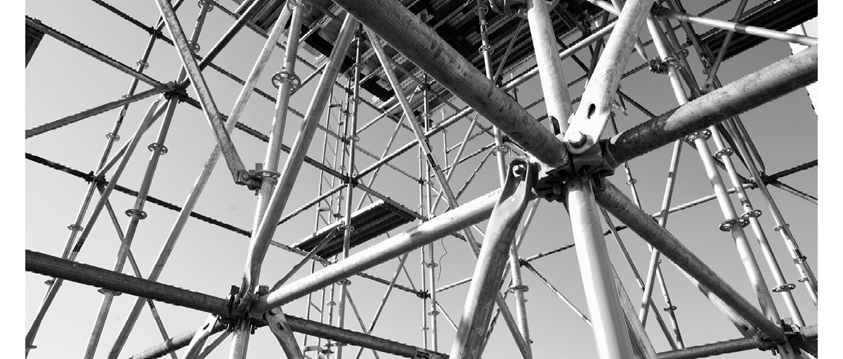 Large scaffolding system with guardrails.