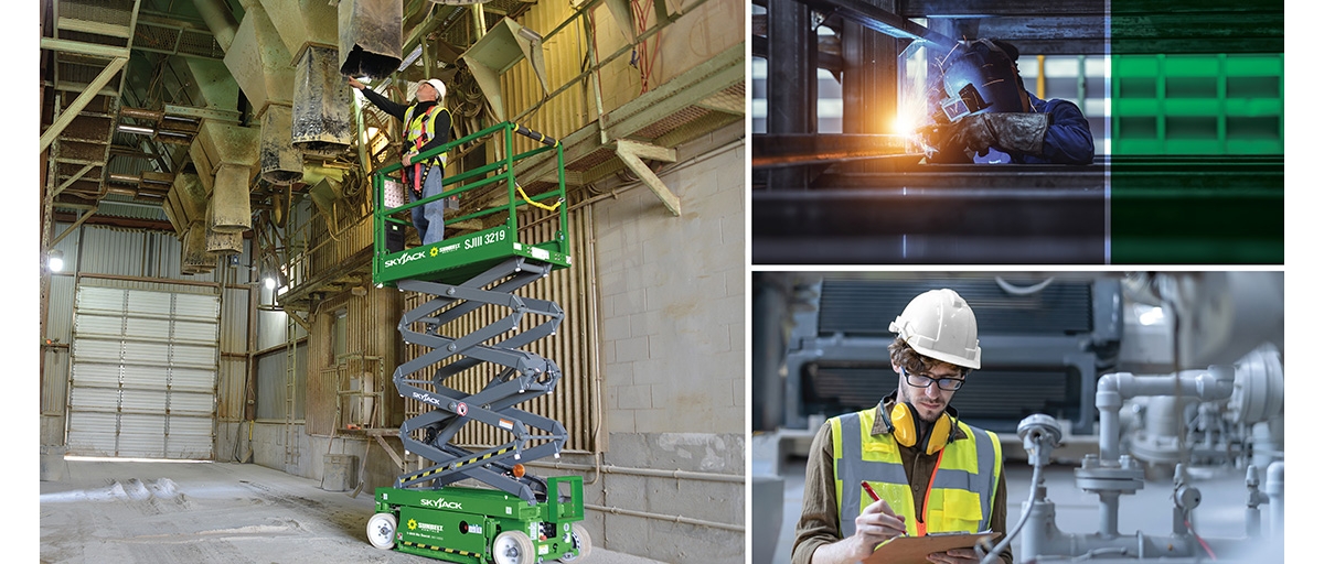A photo collage of a person on a Sunbelt Rentals scissor lift inspecting a ceiling-mounted air duct, a person wearing a welder's helmet welding, a person in a yellow safety vest and helmet looking at a clipboard in the midst of an industrial machine with gray pipes.
