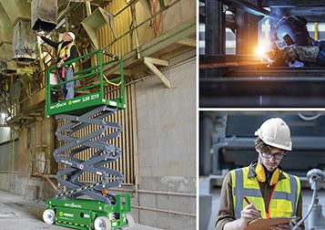 A photo collage of a person on a Sunbelt Rentals scissor lift inspecting a ceiling-mounted air duct, a person wearing a welder's helmet welding, a person in a yellow safety vest and helmet looking at a clipboard in the midst of an industrial machine with gray pipes.