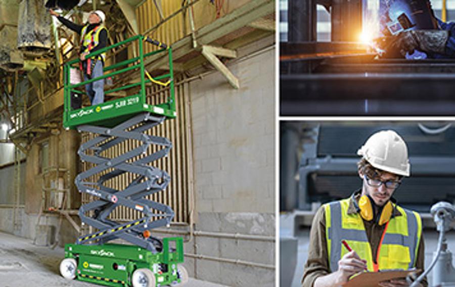 A photo collage of a person on a Sunbelt Rentals scissor lift inspecting a ceiling-mounted air duct, a person wearing a welder's helmet welding, a person in a yellow safety vest and helmet looking at a clipboard in the midst of an industrial machine with gray pipes.