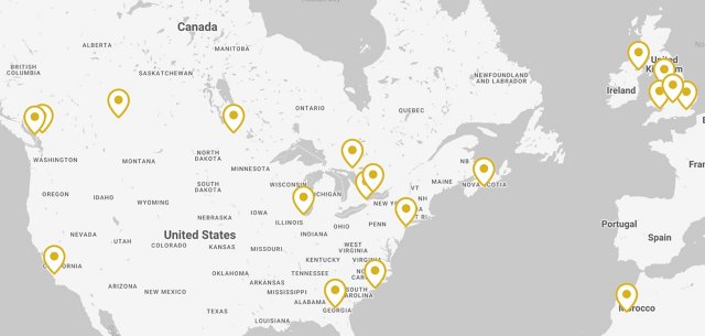 A map showing North America, Europe and part of Africa with pins showing Sunbelt Rentals locations.