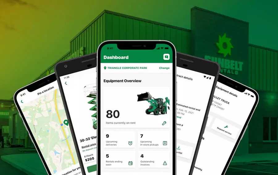 An array of smartphone screens showing the Sunbelt Rentals app in front of an image of a Sunbelt Rentals retail location.