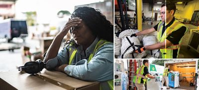 A photo collage showing a woman working in a warehouse leaning against a packed cardboard box wiping sweat from her forehead, a man in a yellow safety vest stacking coils of wire in a warehouse, and two people in safety vests moving portable air conditioners from a truck into a warehouse.