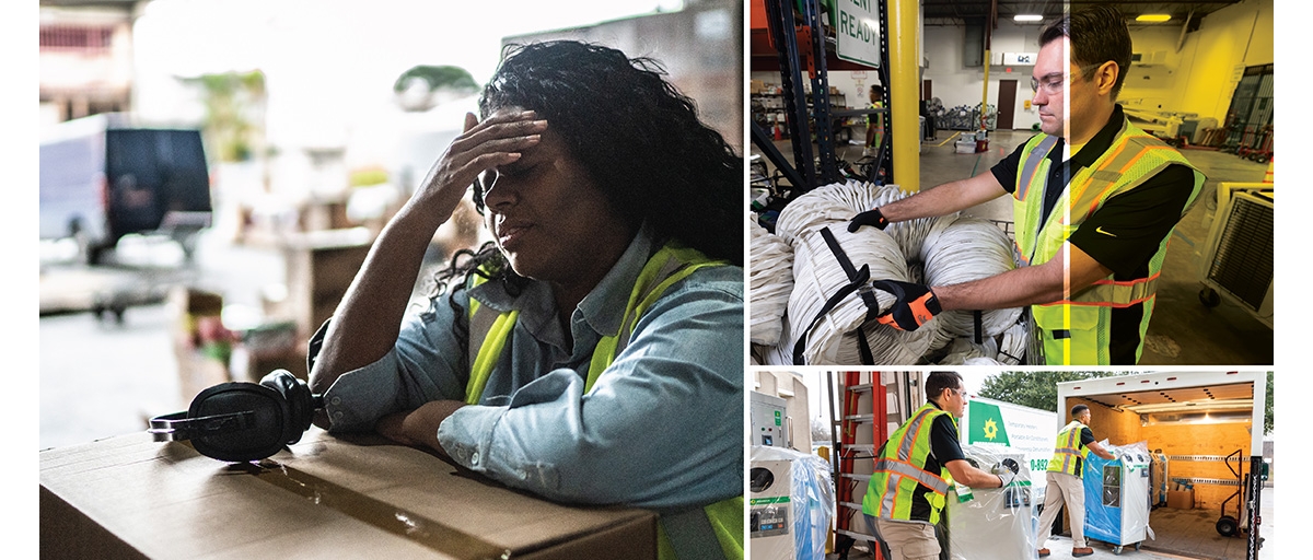 A photo collage showing a woman working in a warehouse leaning against a packed cardboard box wiping sweat from her forehead, a man in a yellow safety vest stacking coils of wire in a warehouse, and two people in safety vests moving portable air conditioners from a truck into a warehouse.