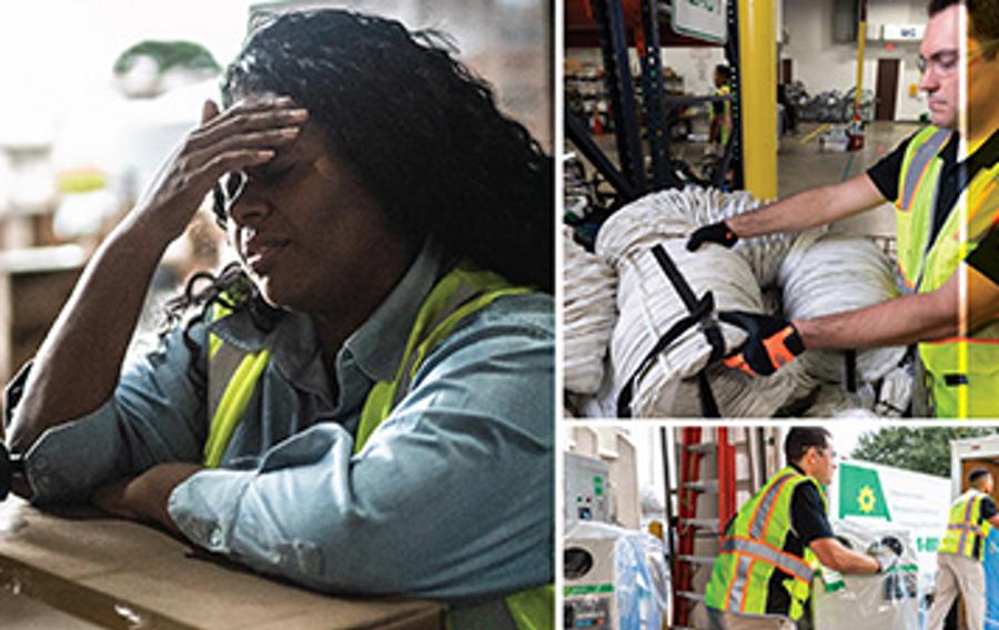 A photo collage showing a woman working in a warehouse leaning against a packed cardboard box wiping sweat from her forehead, a man in a yellow safety vest stacking coils of wire in a warehouse, and two people in safety vests moving portable air conditioners from a truck into a warehouse.