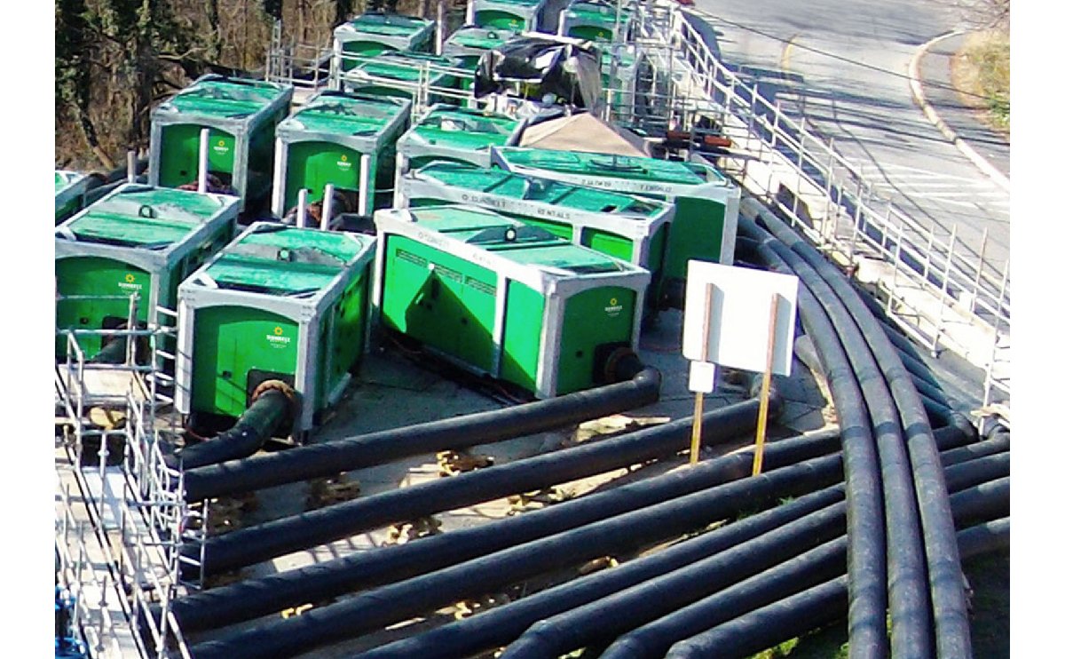 Green pumps arrayed outside on a sunny day.