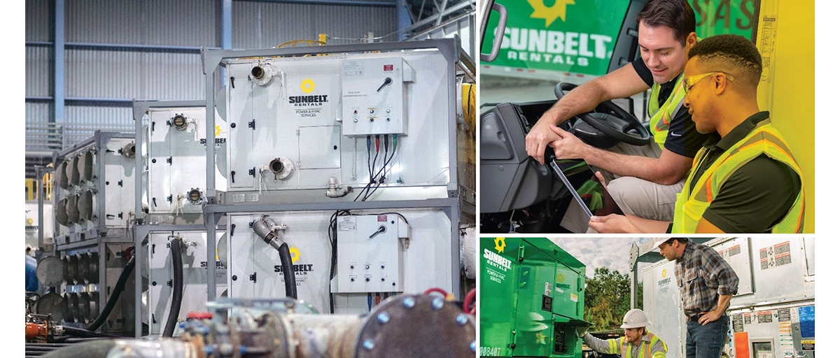 A photo collage: first image shows three Sunbelt Rentals chillers working in an industrial plant. Second image shows two industrial plant employees wearing PPE viewing a plan on a smart tablet. Third image shows two men in hardhats viewing a part on a large Sunbelt Rentals generator.