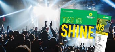 People at a concert and pages from the Sunbelt Rentals live events and entertainment guide.