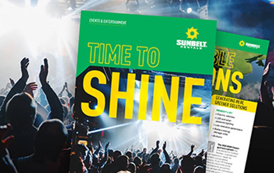 People at a concert and pages from the Sunbelt Rentals live events and entertainment guide.