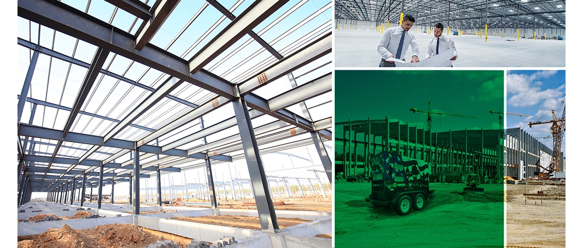 A photo collage showing a metal-framed building, two men inside a warehouse looking at printed plans, and a generator on a construction site.