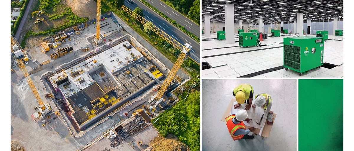 A photo collage showing a construction site with yellow cranes around a building foundation, green generators in a data center, and construction workers looking at printed plans.