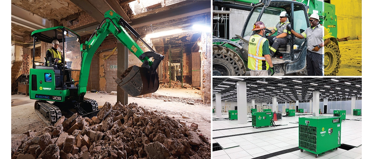 A photo collage showing a person using a Sunbelt Rentals excavator to scoop dirt, construction workers talking, and green generators inside a building.