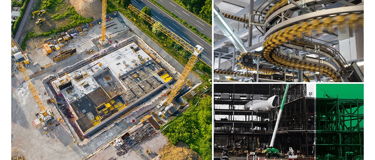 A collage of photos showing industrial facility construction and operations.