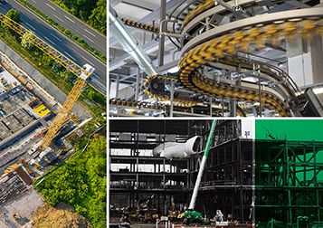 A collage of photos showing industrial facility construction and operations.