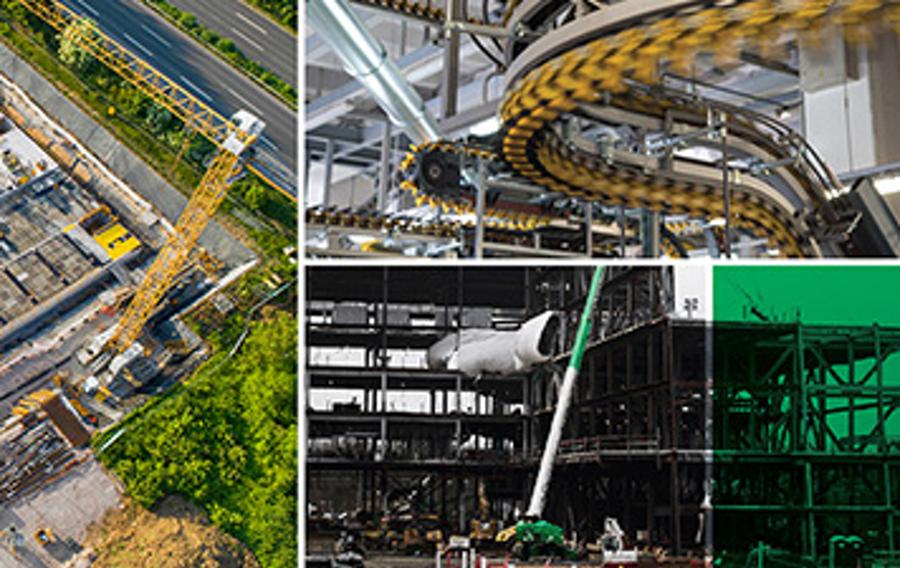 A collage of photos showing industrial facility construction and operations.