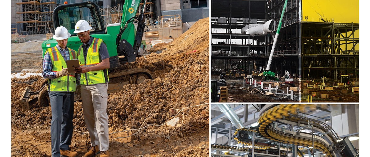 A collage of photos showing two men in white helmets and reflective safety vests looking at a tablet computer on a construction site, a manufacturing line, and a telescoping lift being used in the construction of a multistory building.