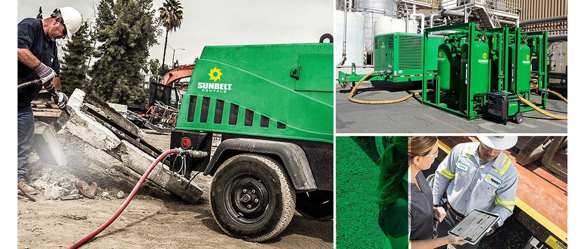 Collage featuring Sunbelt Rentals air compressors.