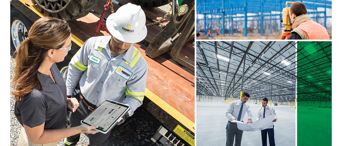 A photo collage showing a man and woman reviewing a tablet computer on a construction site, a man looking through a laser level toward a metal-framed building, and two men inside a warehouse looking at printed plans.