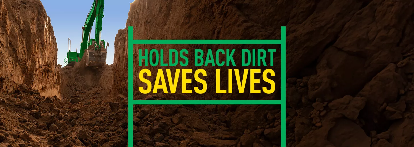 Sunbelt Rentals excavator digging to hold back dirt, providing Trench Safety.