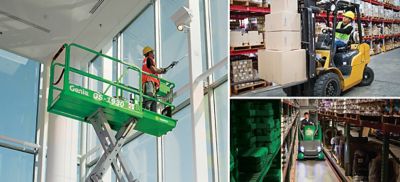 A photo collage showing a man wearing a safety helmet and vest on a green scissor lift cleaning a window, a person wearing a yellow safety helmet and vest driving a forklift stacked with boxes and a person driving a floor cleaner from Sunbelt Rentals in between rows of warehouse shelves.