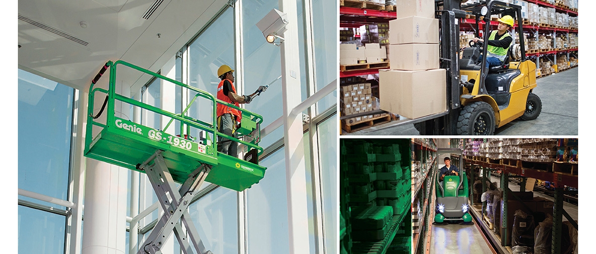 A photo collage showing a man wearing a safety helmet and vest on a green scissor lift cleaning a window, a person wearing a yellow safety helmet and vest driving a forklift stacked with boxes and a person driving a floor cleaner from Sunbelt Rentals in between rows of warehouse shelves.