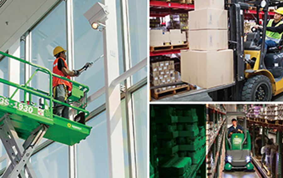 A photo collage showing a man wearing a safety helmet and vest on a green scissor lift cleaning a window, a person wearing a yellow safety helmet and vest driving a forklift stacked with boxes and a person driving a floor cleaner from Sunbelt Rentals in between rows of warehouse shelves.