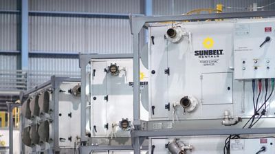 A close-up view of air handlers in an industrial setting.