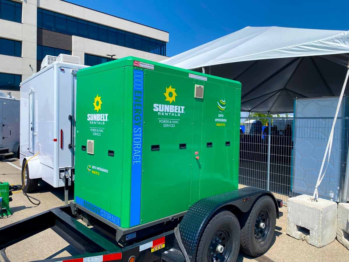 A battery energy storage system from Sunbelt Rentals in a lot.