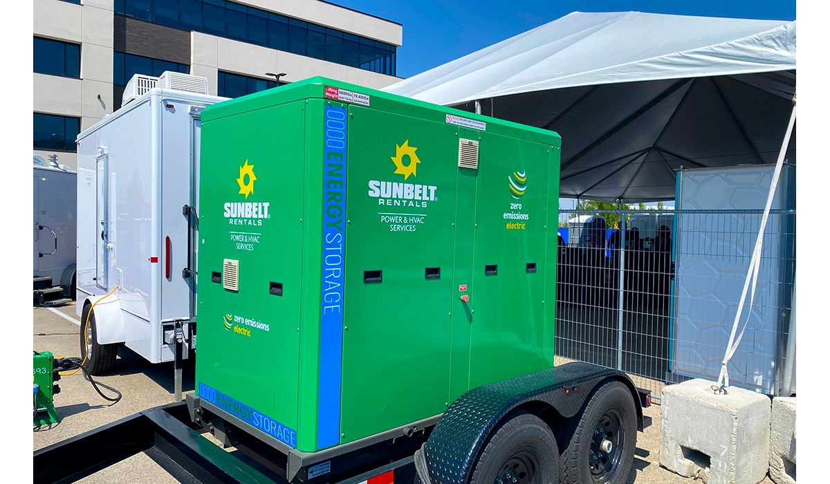 A battery energy storage system from Sunbelt Rentals in a lot.