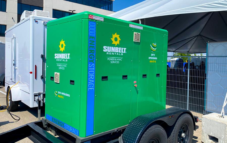 A battery energy storage system from Sunbelt Rentals at a jobsite.