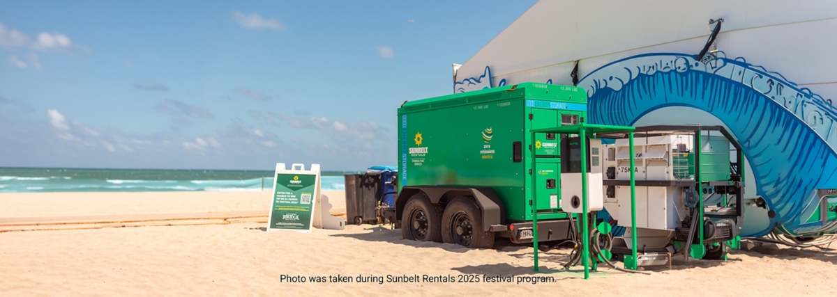 A close-up view of a battery energy storage system installed outside of a tent at the Tortuga Music Festival.