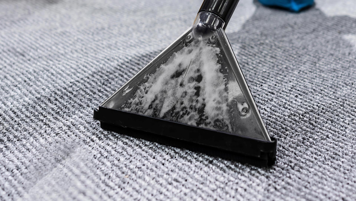 A close-up view of a carpet extractor deep cleaning a carpet.
