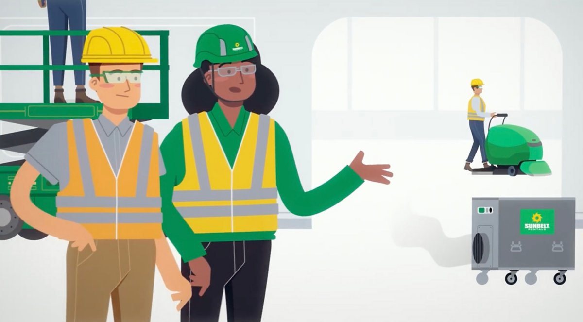 A still image from an animation, showing illustrated workers in safety apparel, inside of a building.