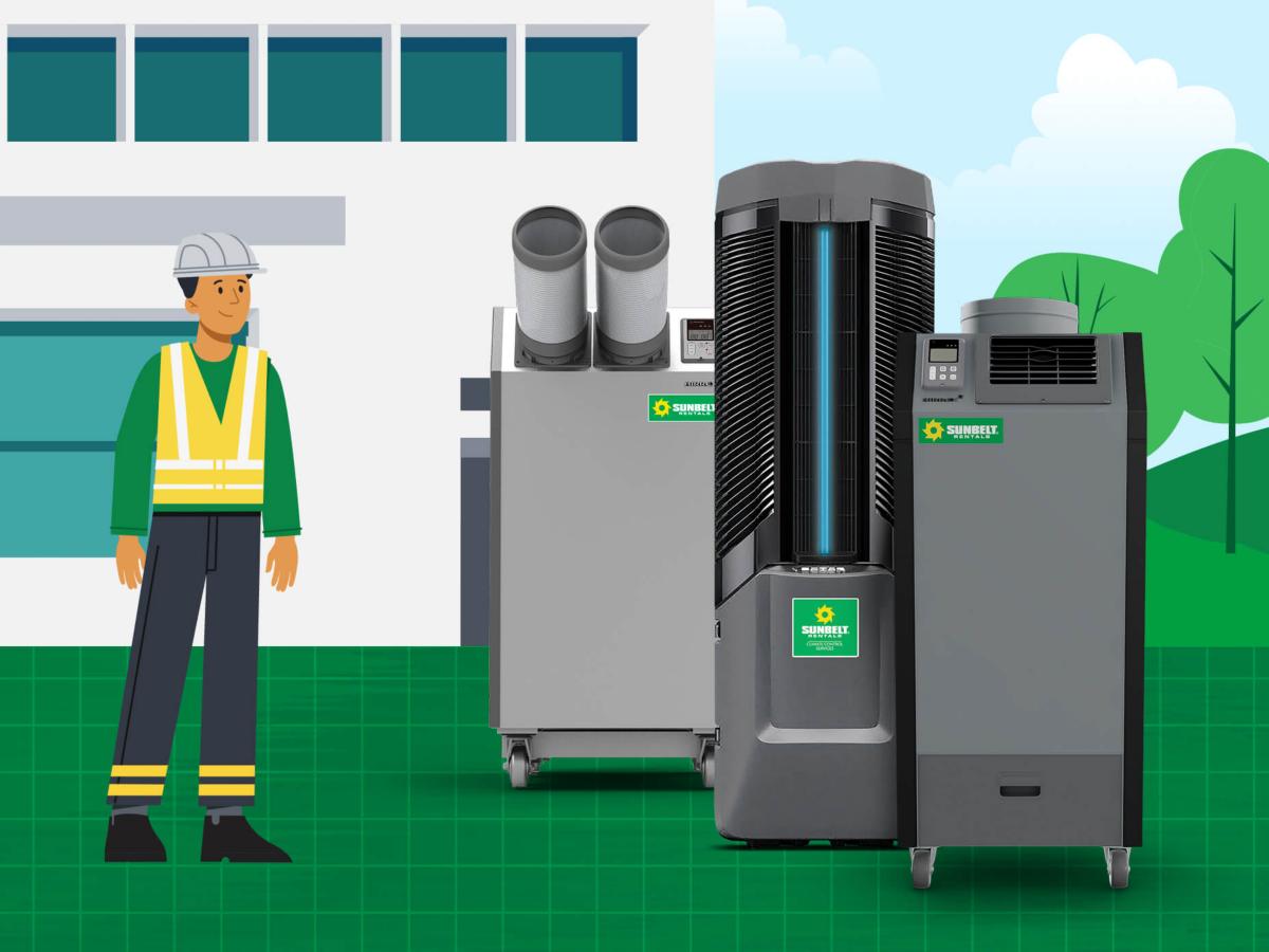 An illustration of a Sunbelt Rentals worker alongside an air-cooled unit and an evaporative cooler.