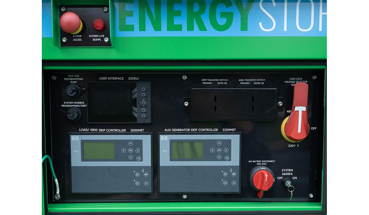 A close-up view of a battery energy storage system's controls.