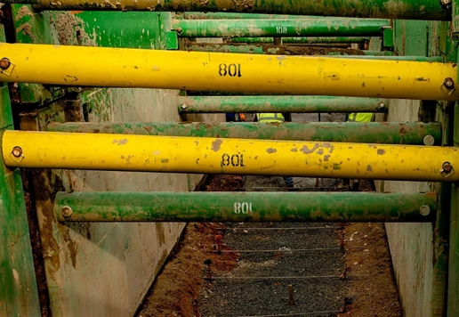 A trench box installed in a confined space.