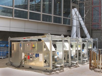 Desiccant dehumidifiers from Sunbelt Rentals installed at a job site.