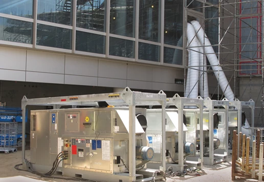 Desiccant dehumidifiers from Sunbelt Rentals installed at a job site.